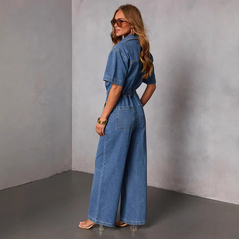 レトロファッション半袖デニムジャンプスーツ女性の夏のトレンド - Vintage Fashion Jeans のレビューと価格